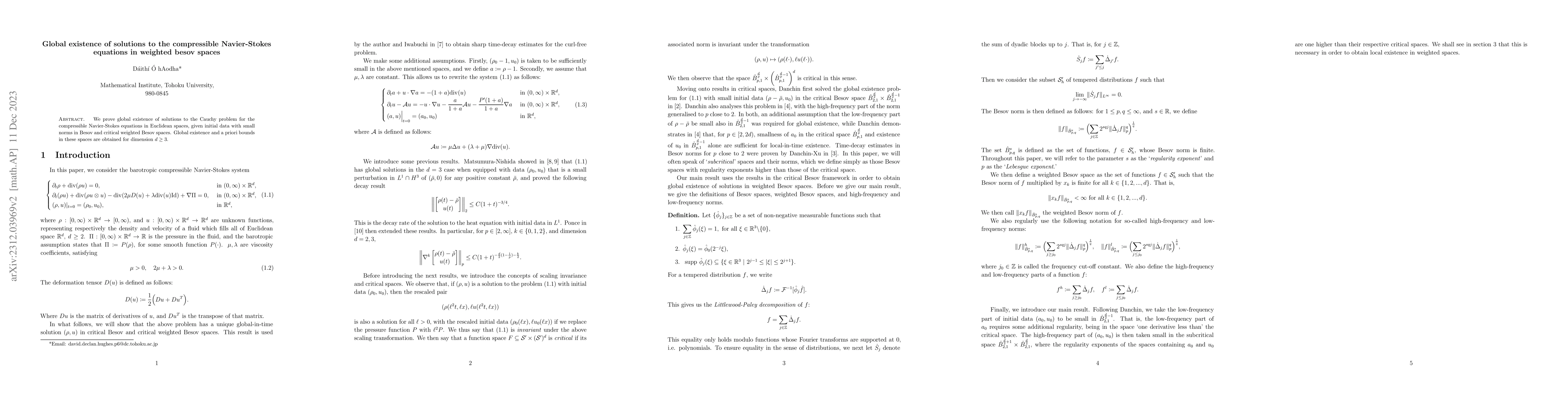 Thumbnail for Global existence of solutions to the compressible Navier-Stokes
  equations in weighted Besov spaces