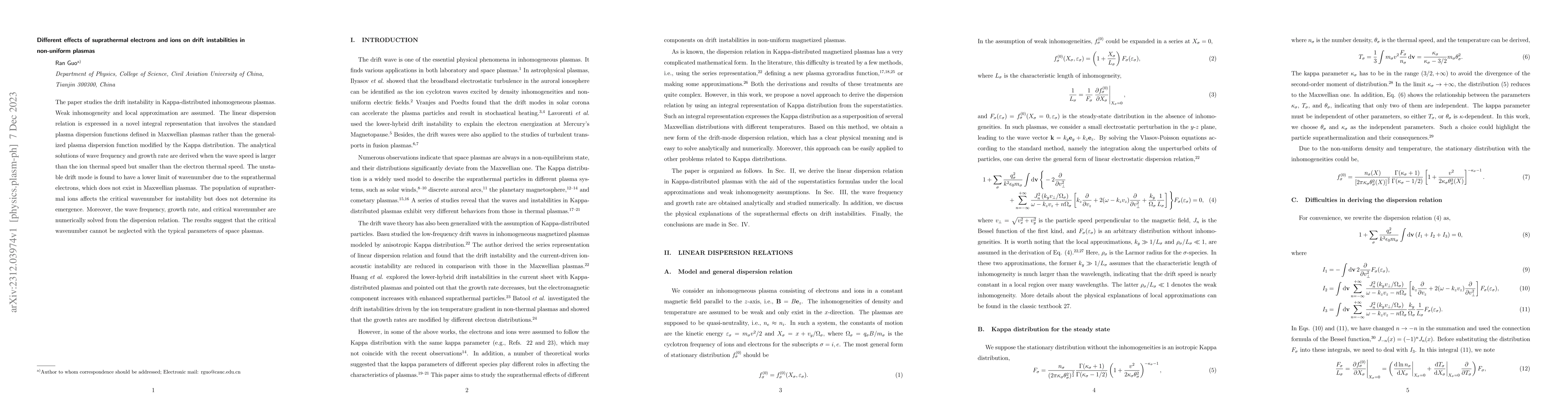 Thumbnail for Different effects of suprathermal electrons and ions on drift
  instabilities in non-uniform plasmas