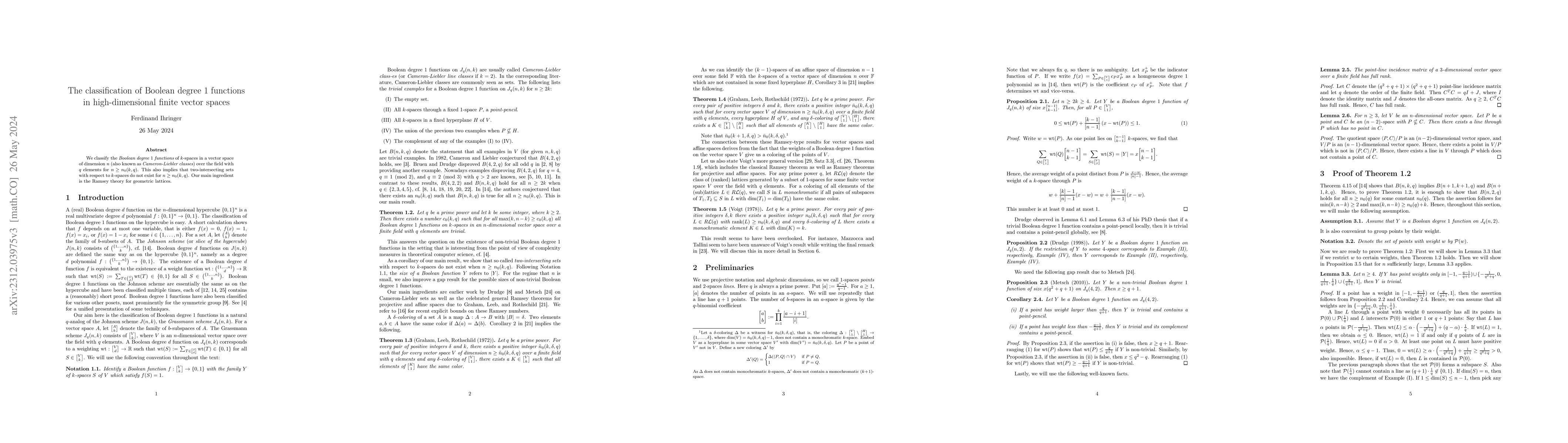 Thumbnail for The classification of Boolean degree $1$ functions in high-dimensional
  finite vector spaces