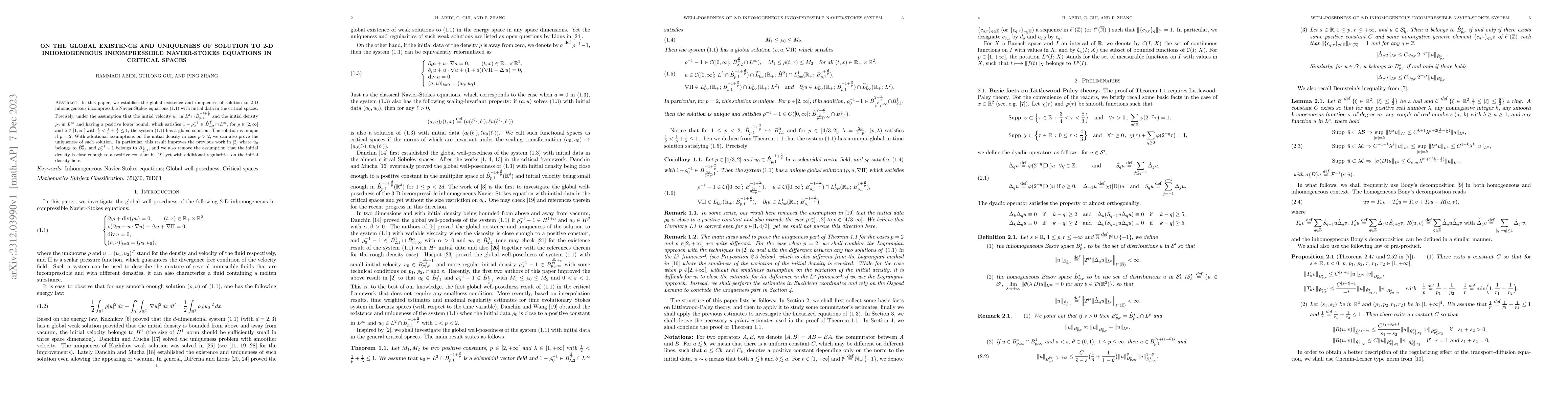 Thumbnail for On the global existence and uniqueness of solution to 2-D inhomogeneous
  incompressible Navier-Stokes equations in critical spaces