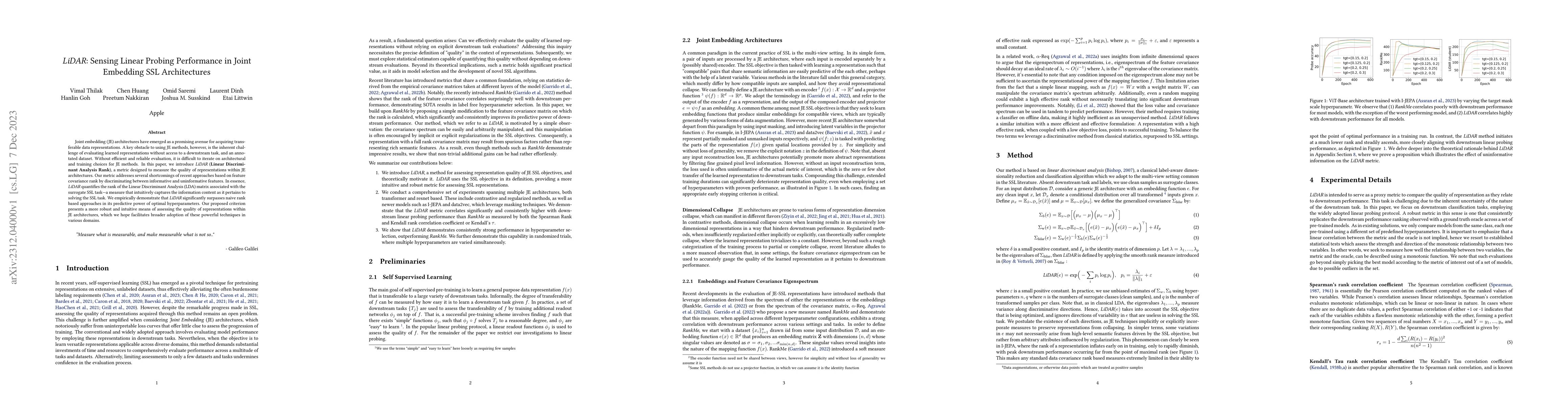 Thumbnail for LiDAR: Sensing Linear Probing Performance in Joint Embedding SSL
  Architectures