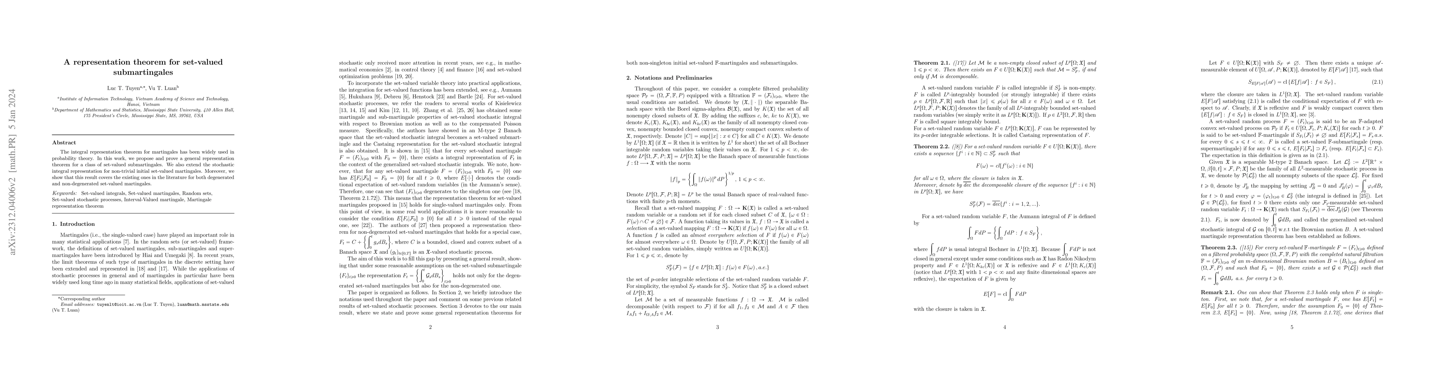 Thumbnail for A representation theorem for set-valued submartingales