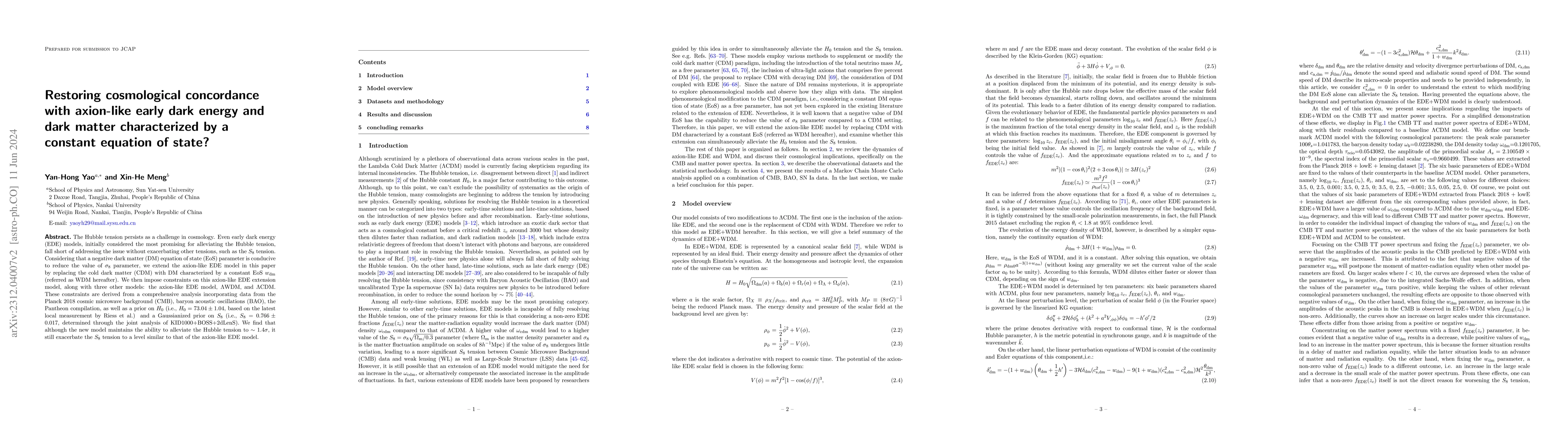 Thumbnail for Restoring cosmological concordance with axion-like early dark energy and
  dark matter characterized by a constant equation of state?