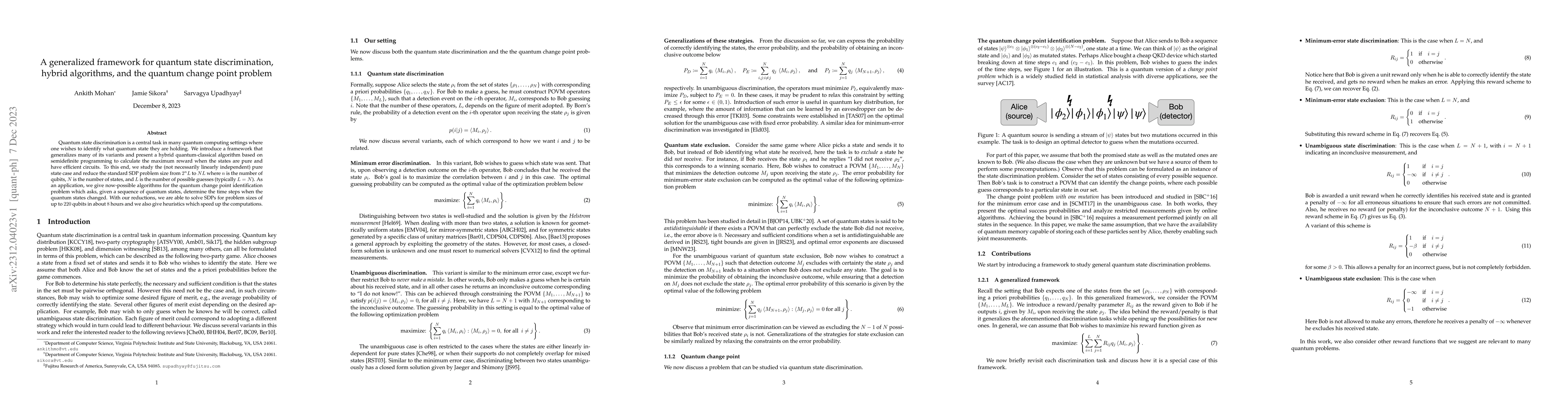 Thumbnail for A generalized framework for quantum state discrimination, hybrid
  algorithms, and the quantum change point problem