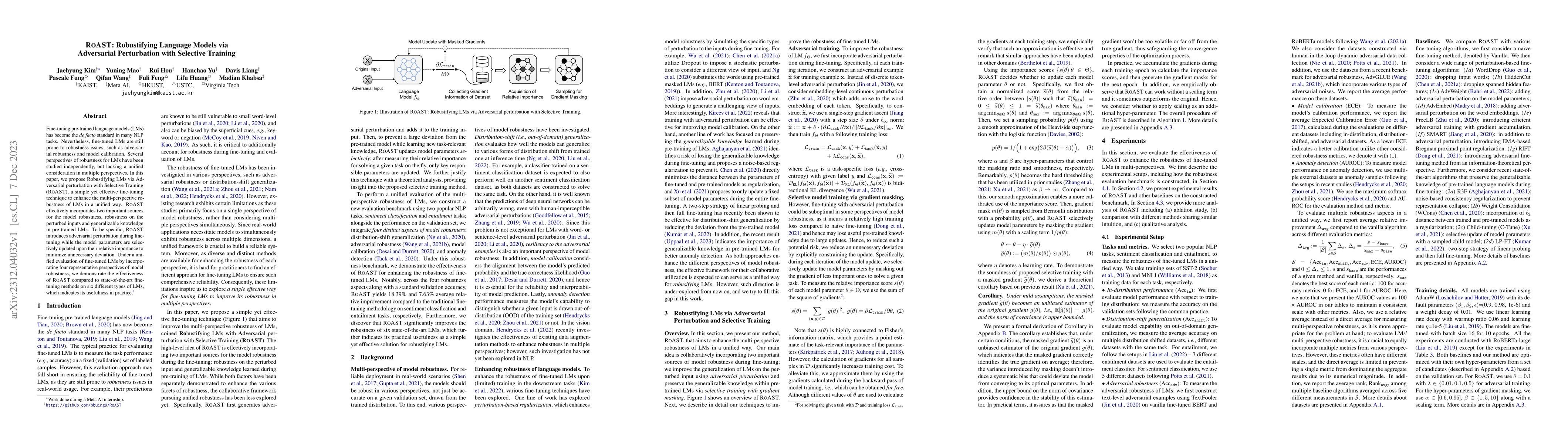 Thumbnail for RoAST: Robustifying Language Models via Adversarial Perturbation with
  Selective Training