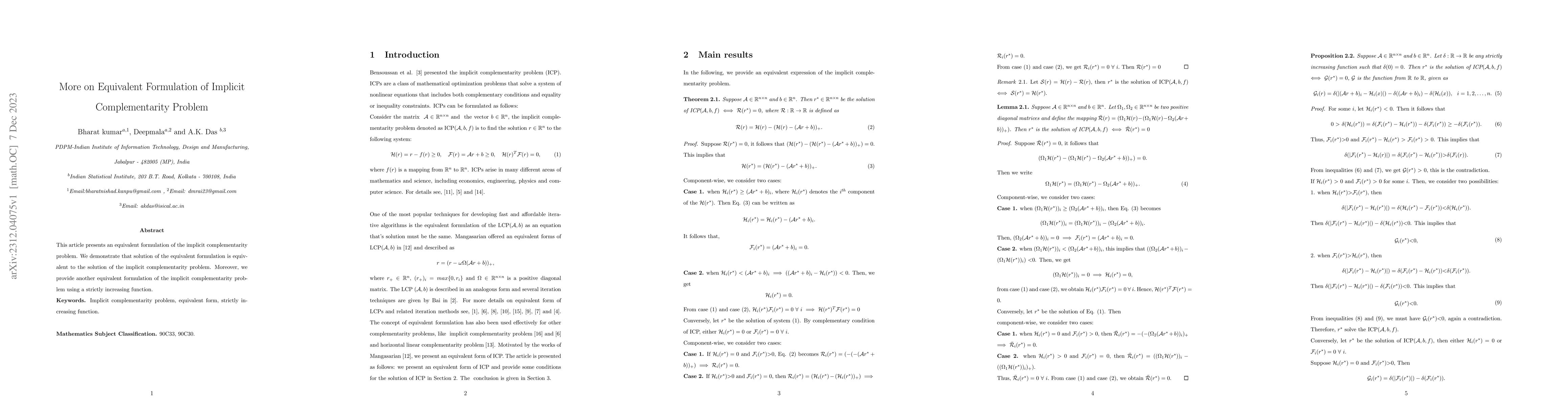 Thumbnail for More on Equivalent Formulation of Implicit Complementarity Problem