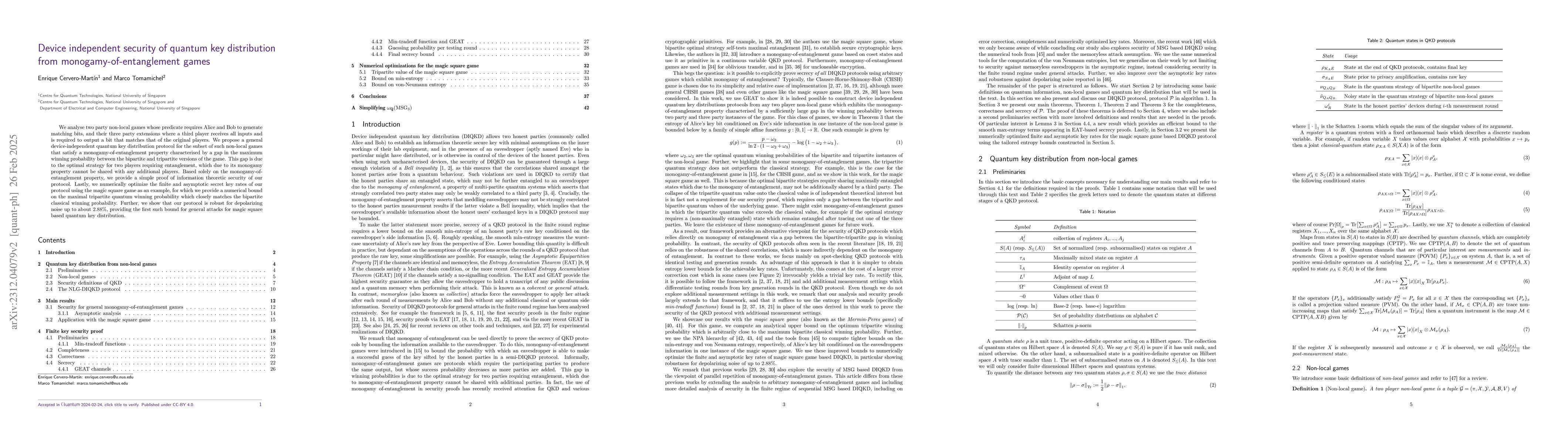 Thumbnail for Device independent security of quantum key distribution from
  monogamy-of-entanglement games