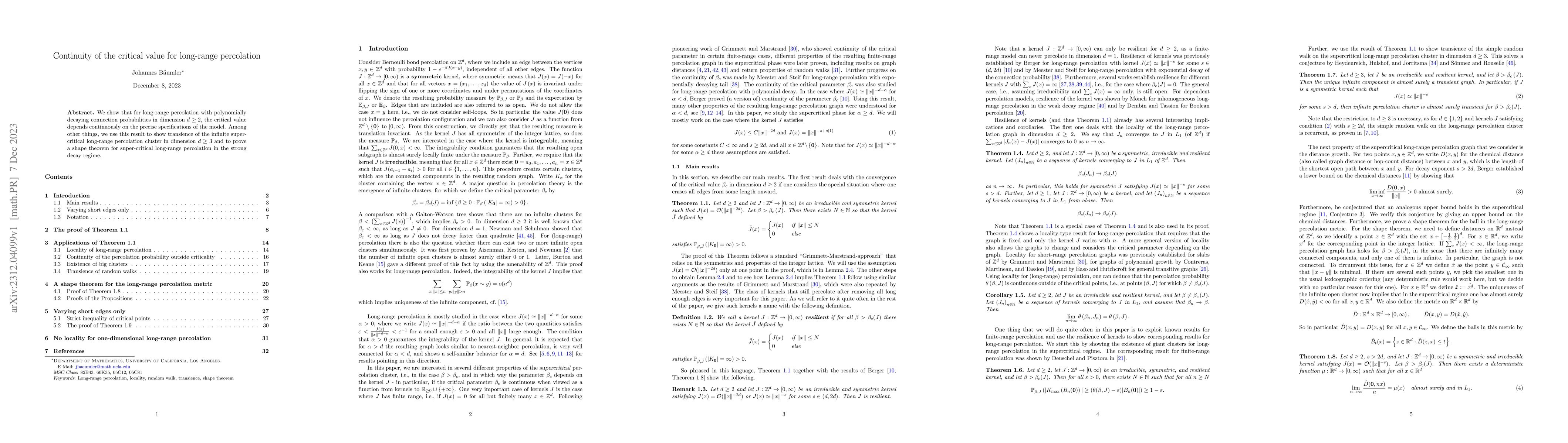 Thumbnail for Continuity of the critical value for long-range percolation