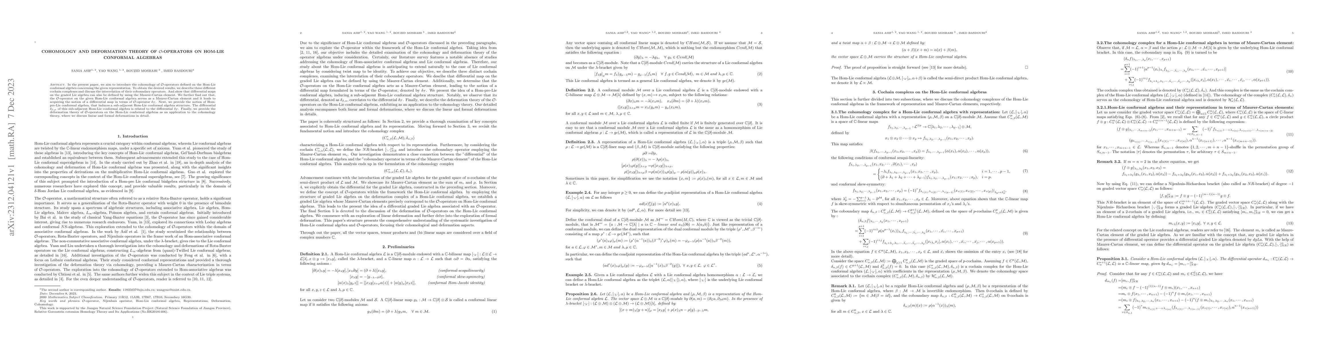 Thumbnail for Cohomology and deformation theory of $\mathcal{O}$-operators on Hom-Lie
  conformal algebras