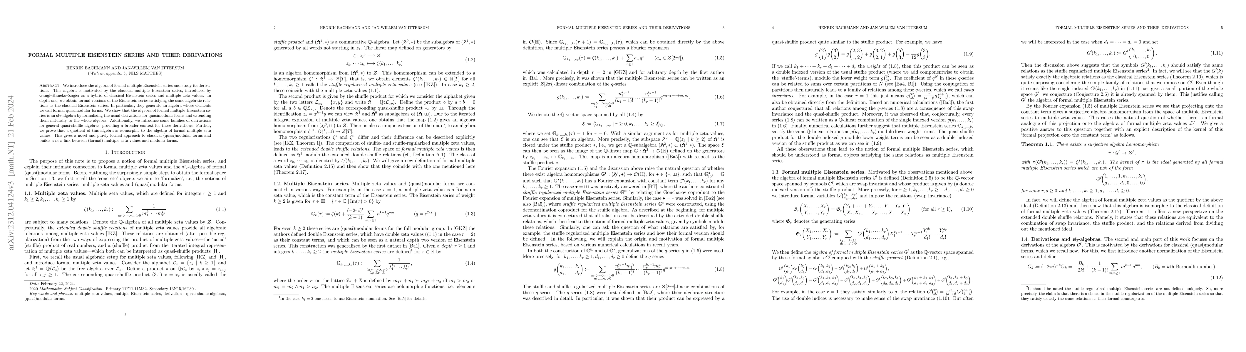 Thumbnail for Formal multiple Eisenstein series and their derivations