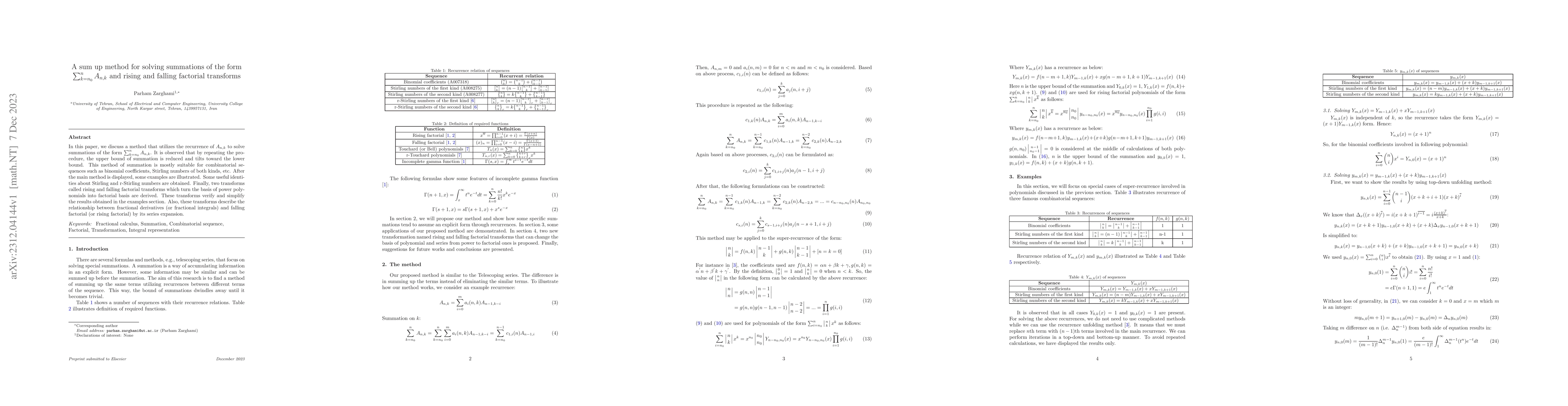 Thumbnail for A sum up method for solving summations of the form $\sum_{k=n_0}^{n}
  A_{n,k}$ and rising and falling factorial transforms