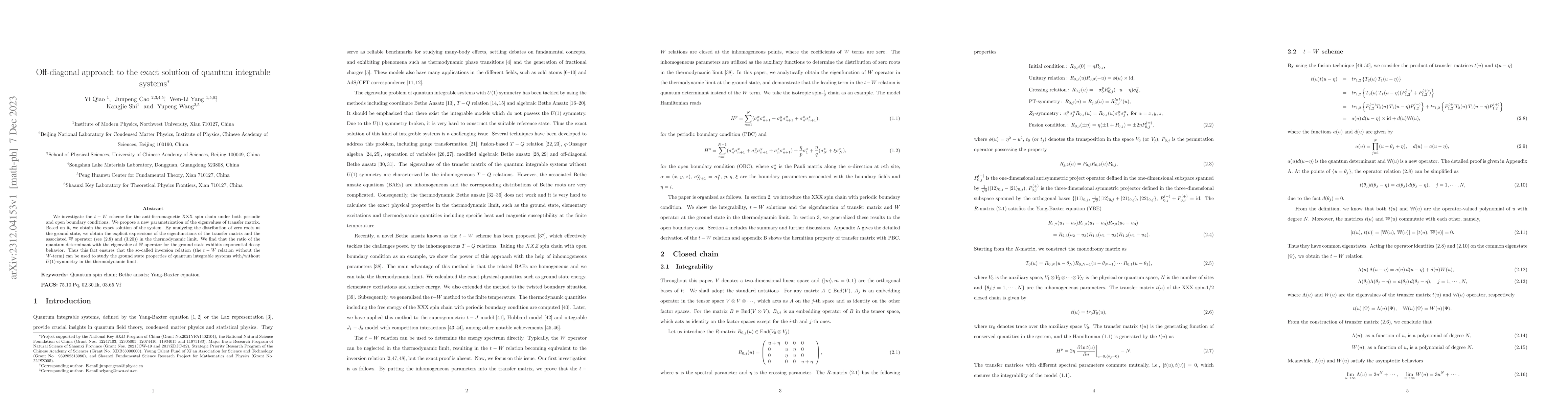Thumbnail for Off-diagonal approach to the exact solution of quantum integrable
  systems