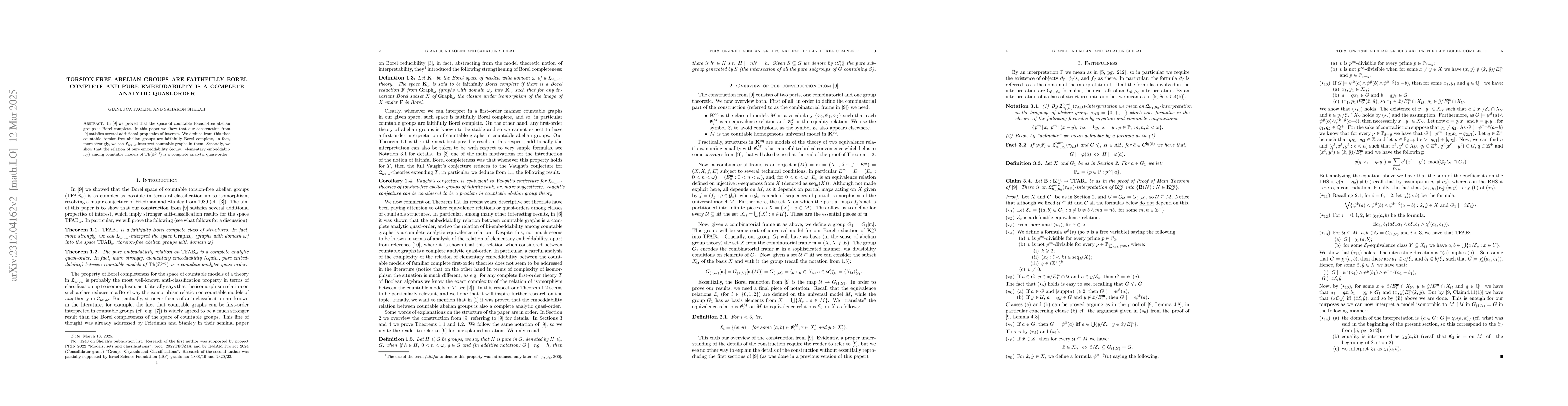 Thumbnail for Torsion-free abelian groups are faithfully Borel complete and pure
  embeddability is a complete analytic quasi-order