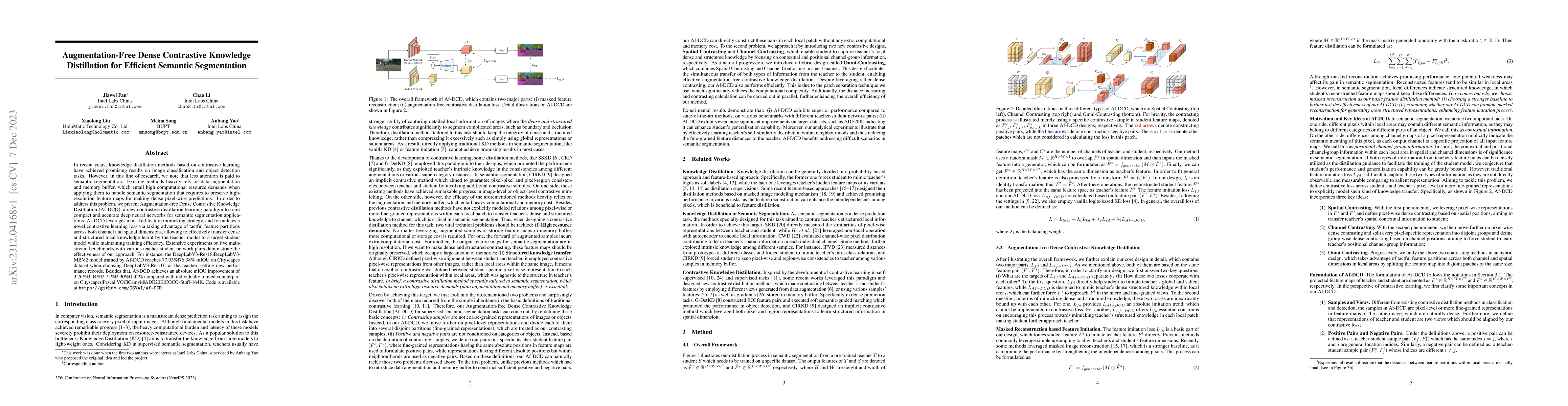 Thumbnail for Augmentation-Free Dense Contrastive Knowledge Distillation for Efficient
  Semantic Segmentation