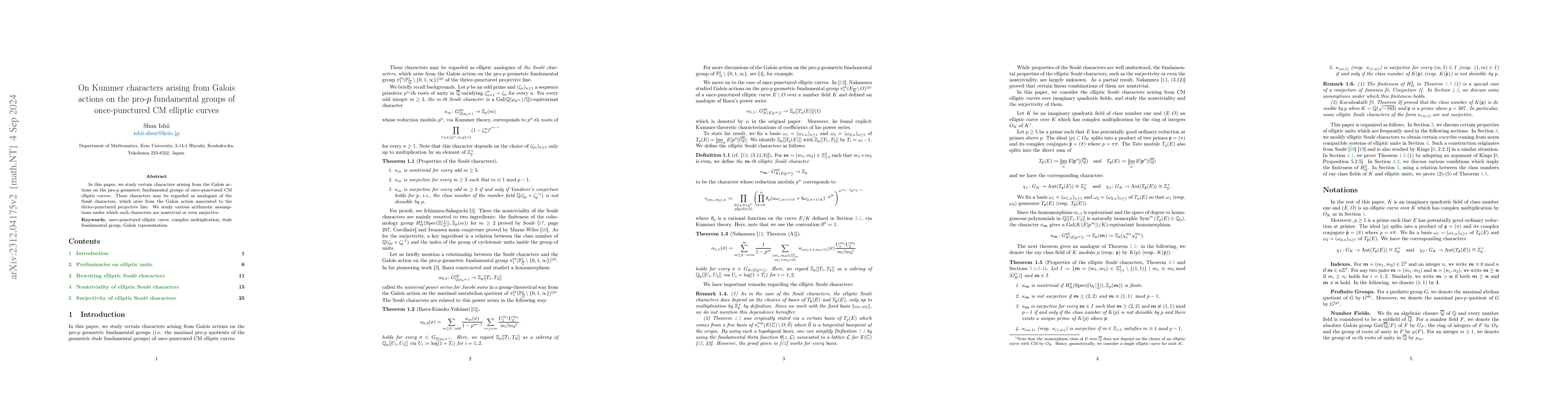 Thumbnail for On Kummer characters arising from Galois actions on the pro-$p$
  fundamental groups of once-punctured CM elliptic curves