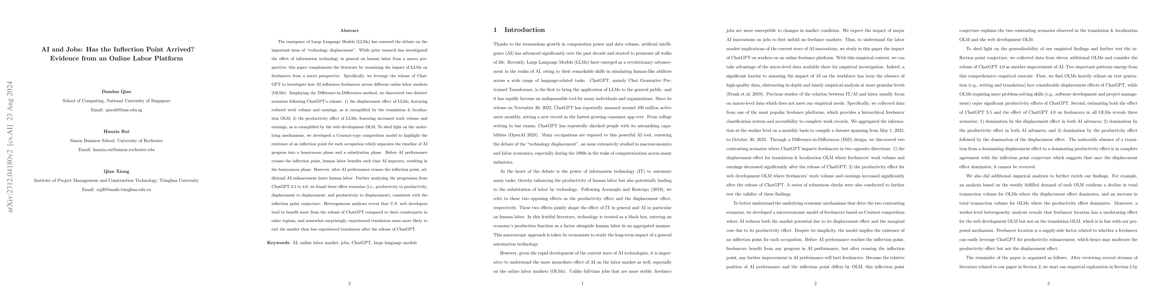 Thumbnail for AI and Jobs: Has the Inflection Point Arrived? Evidence from an Online
  Labor Platform