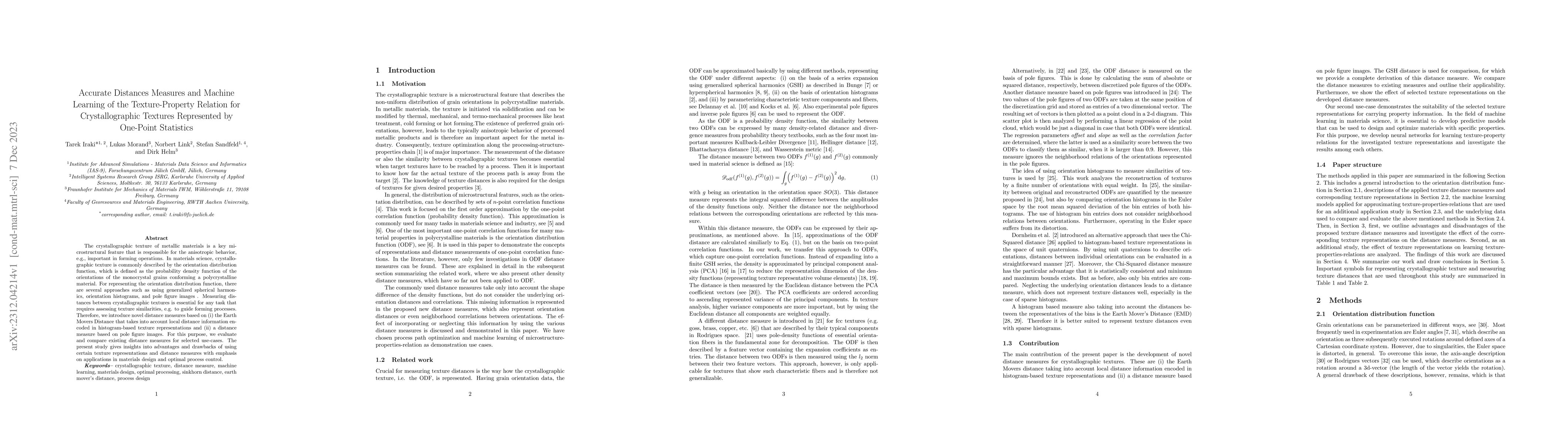 Thumbnail for Accurate Distances Measures and Machine Learning of the Texture-Property
  Relation for Crystallographic Textures Represented by One-Point Statistics