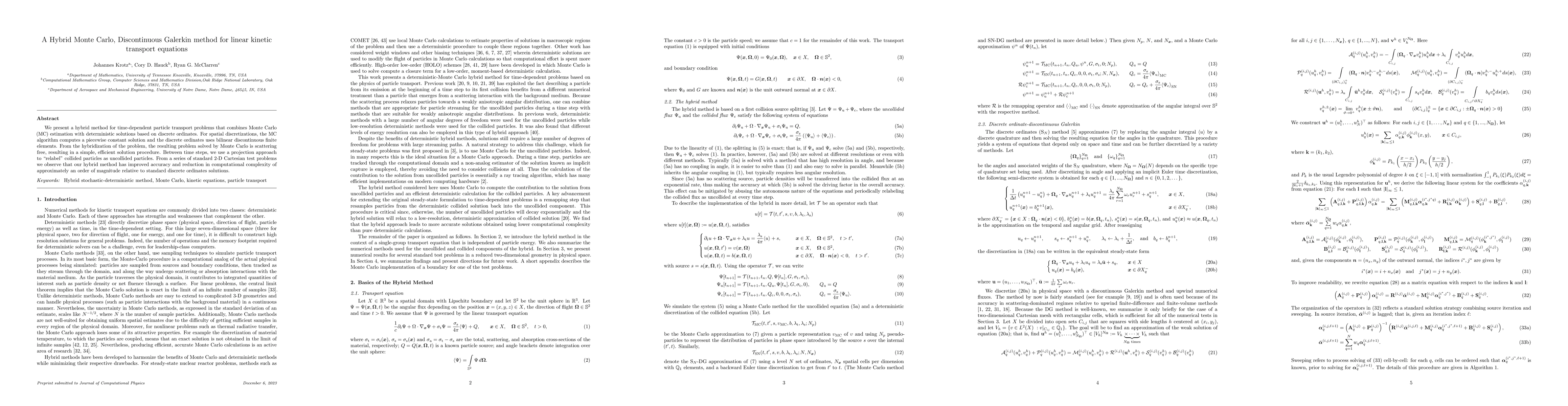 Thumbnail for A Hybrid Monte Carlo, Discontinuous Galerkin method for linear kinetic
  transport equations
