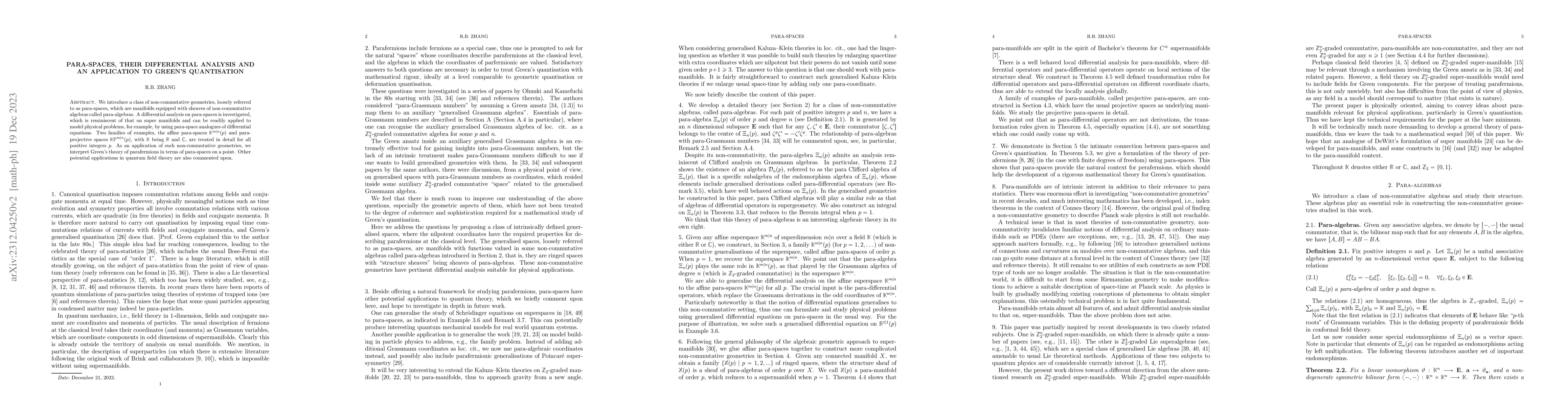 Thumbnail for Para-spaces, their differential analysis and an application to Green's
  quantisation