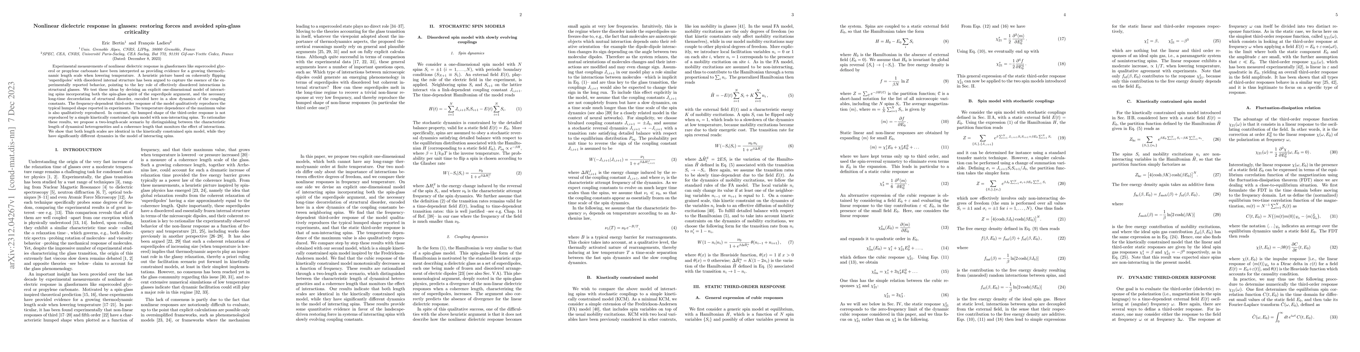 Thumbnail for Nonlinear dielectric response in glasses: restoring forces and avoided
  spin-glass criticality