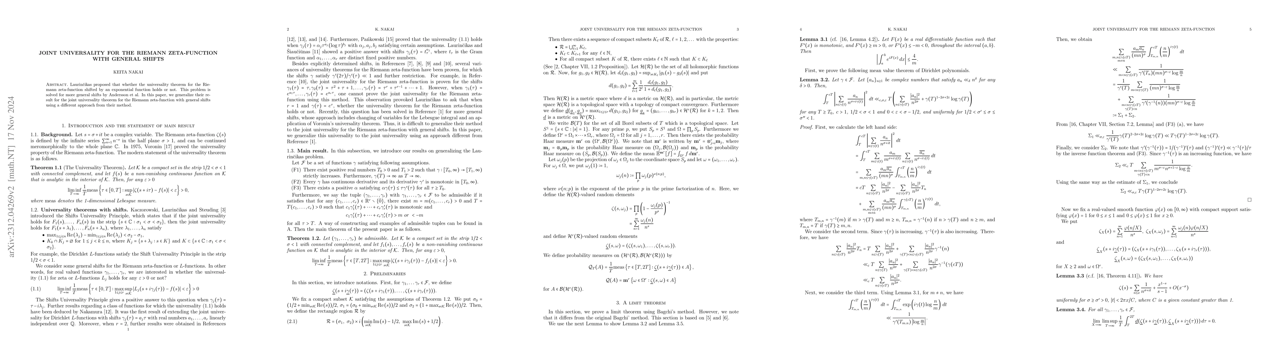 Thumbnail for Joint Universality for the Riemann zeta-function with general shifts