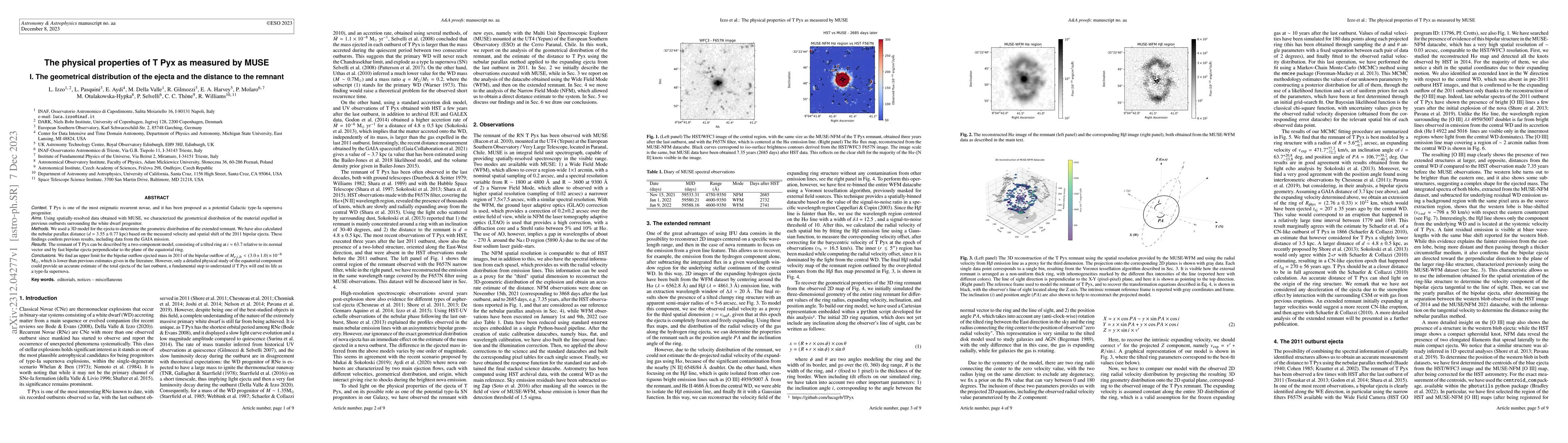 Thumbnail for The physical properties of T Pyx as measured by MUSE I. The geometrical
  distribution of the ejecta and the distance to the remnant