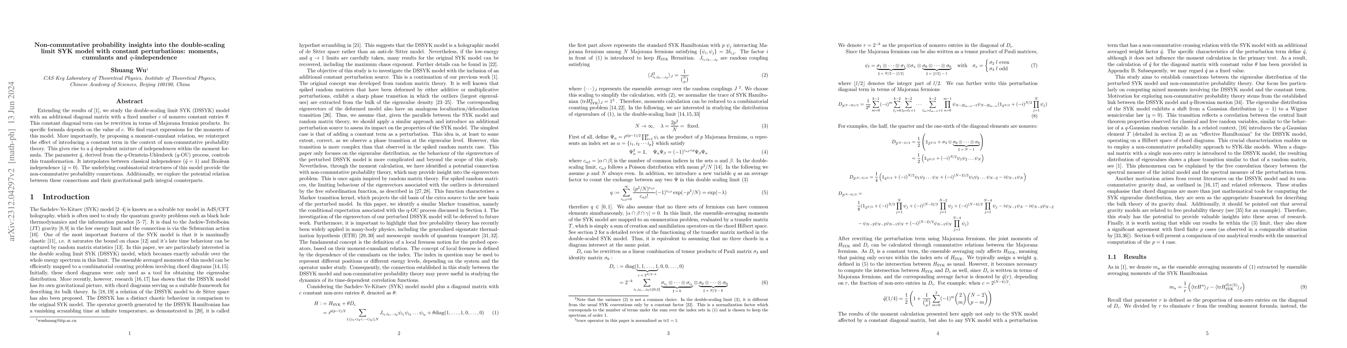 Thumbnail for Non-commutative probability insights into the double-scaling limit SYK
  Model with constant perturbations: moments cumulants and $q$-independence
