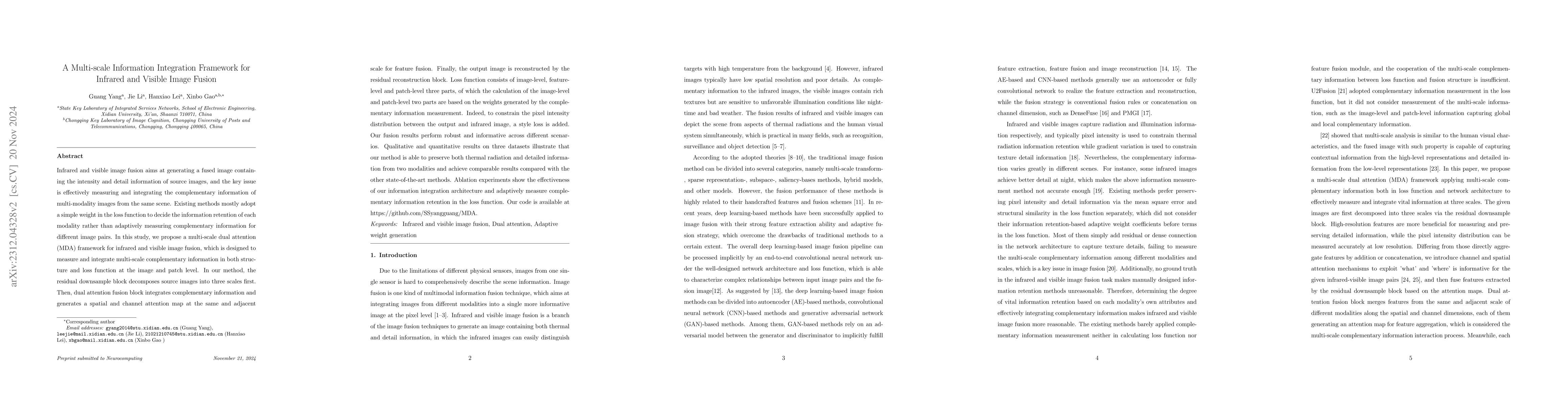 Thumbnail for A Multi-scale Information Integration Framework for Infrared and Visible
  Image Fusion