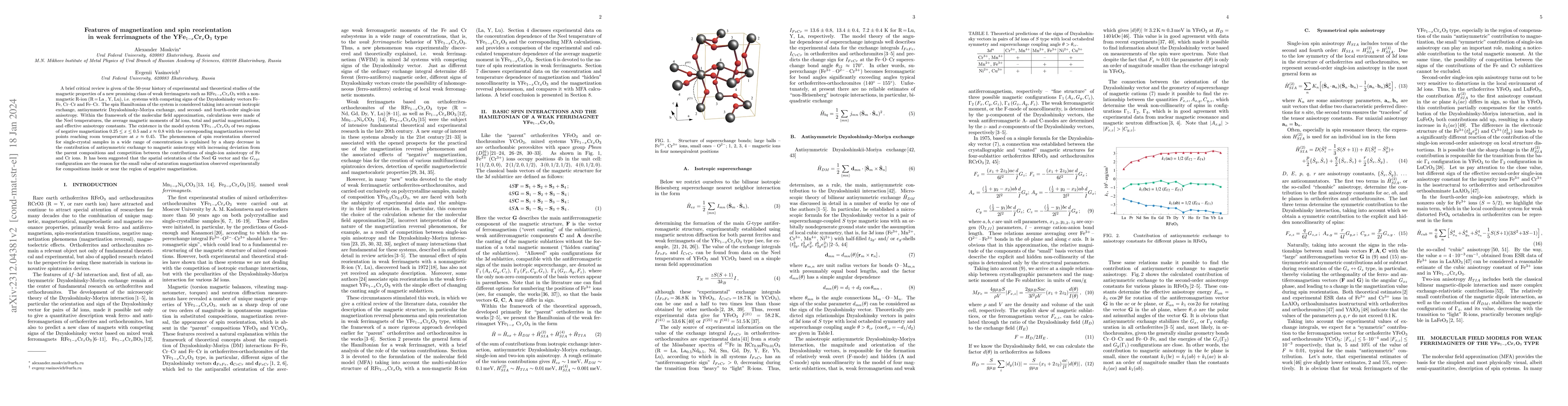 Thumbnail for Features of magnetization and spin reorientation in weak ferrimagnets of
  the YFe$_{1-x}$Cr$_x$O$_3$ type