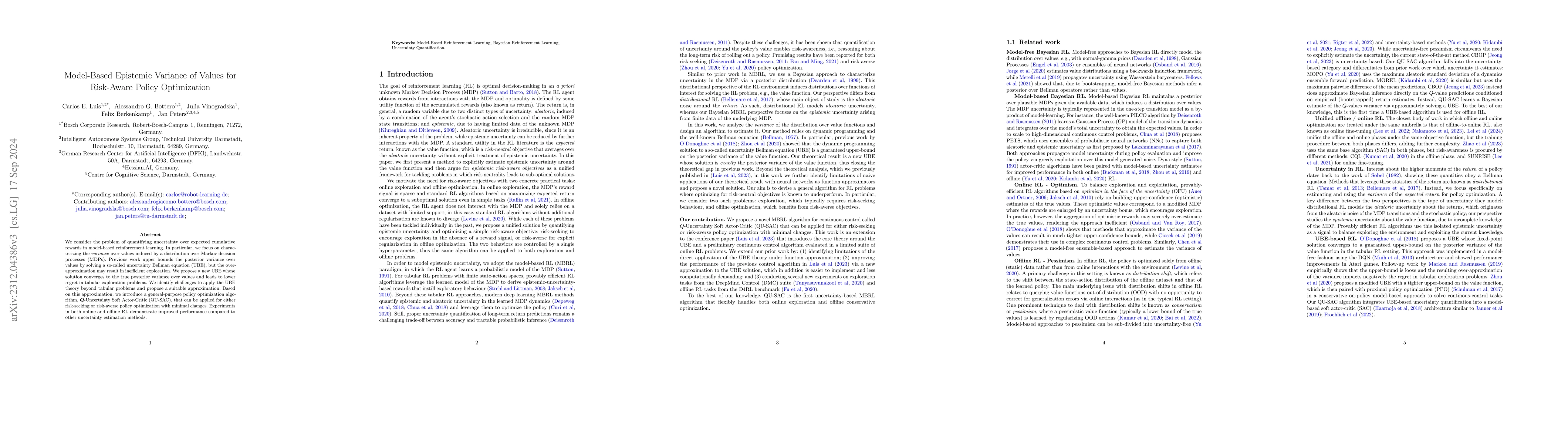 Thumbnail for Model-Based Epistemic Variance of Values for Risk-Aware Policy
  Optimization
