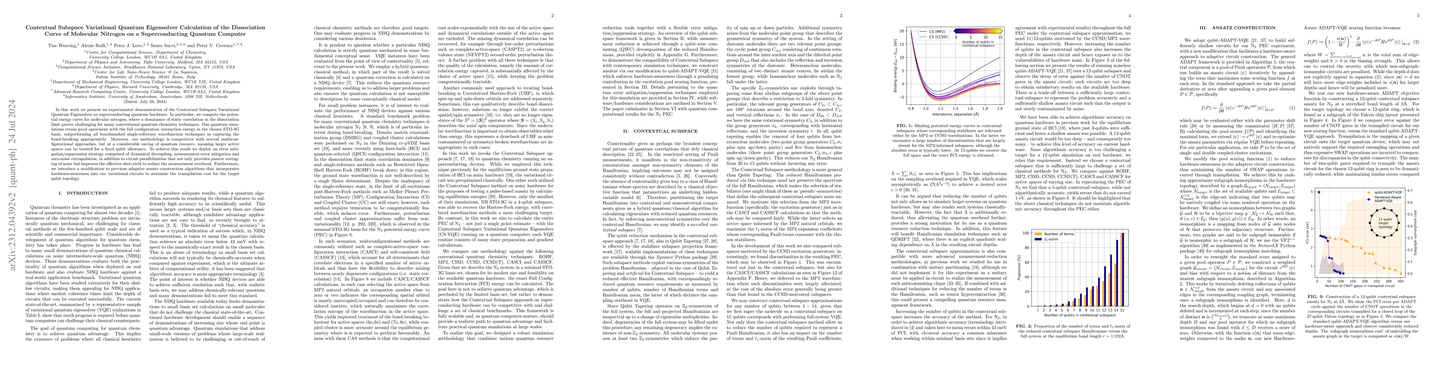 Thumbnail for Contextual Subspace Variational Quantum Eigensolver Calculation of the
  Dissociation Curve of Molecular Nitrogen on a Superconducting Quantum
  Computer