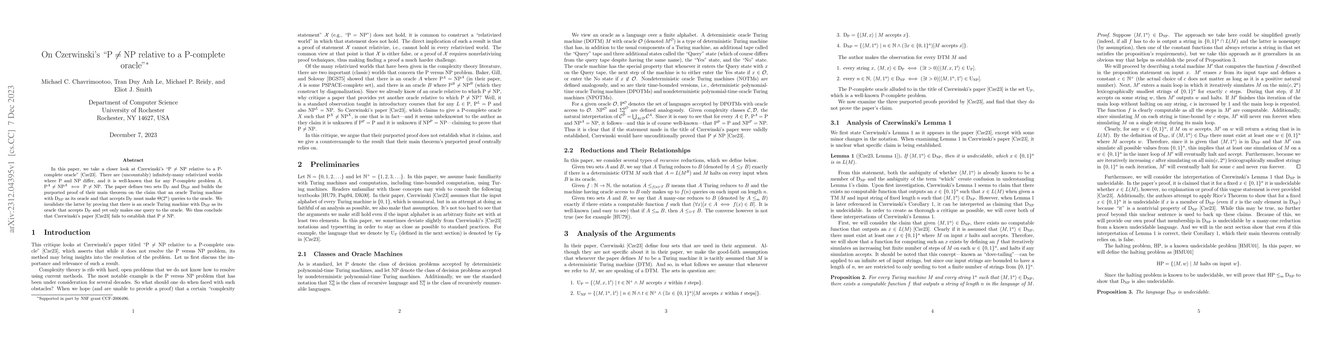 Thumbnail for On Czerwinski's "${\rm P} \neq {\rm NP}$ relative to a ${\rm
  P}$-complete oracle"