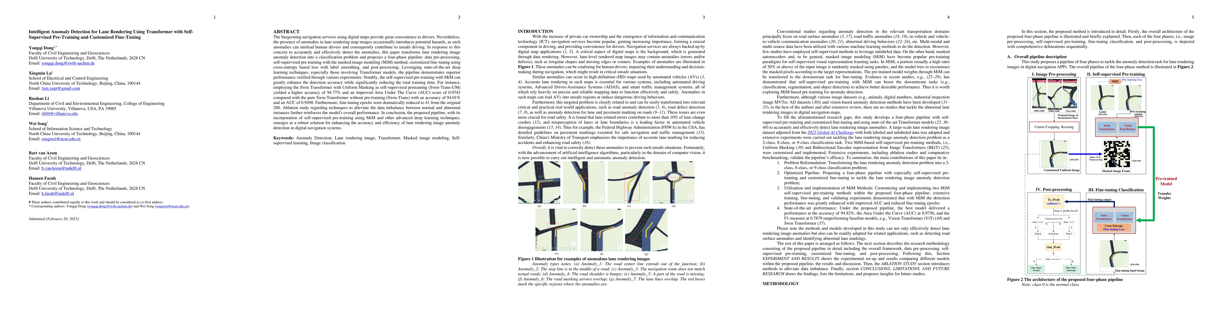 Thumbnail for Intelligent Anomaly Detection for Lane Rendering Using Transformer with
  Self-Supervised Pre-Training and Customized Fine-Tuning