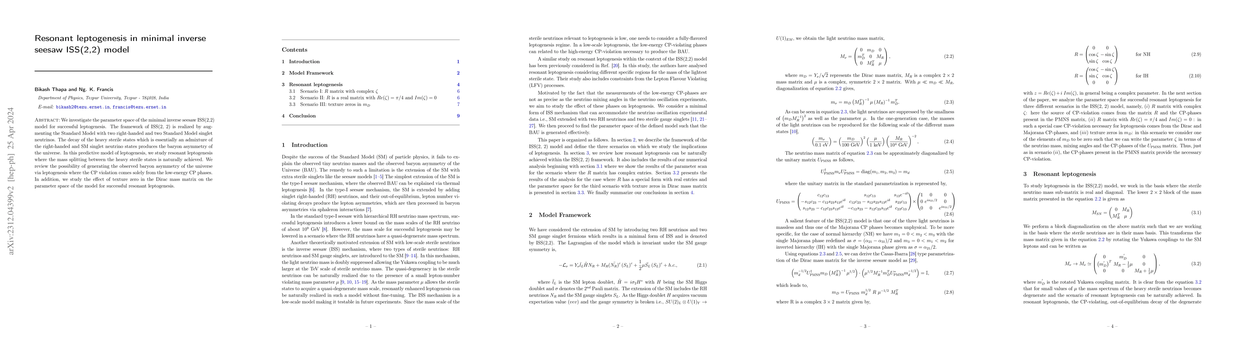 Thumbnail for Resonant leptogenesis in minimal inverse seesaw ISS(2,2) model