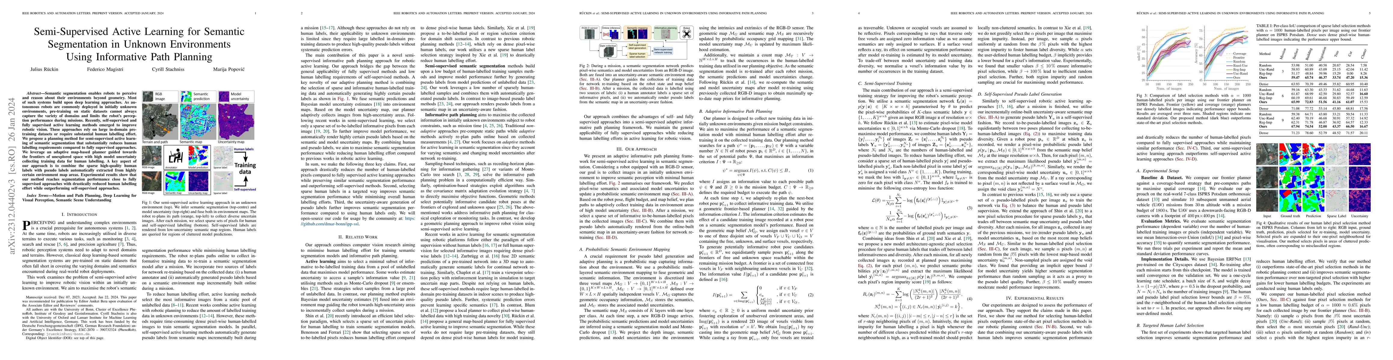 Thumbnail for Semi-Supervised Active Learning for Semantic Segmentation in Unknown
  Environments Using Informative Path Planning