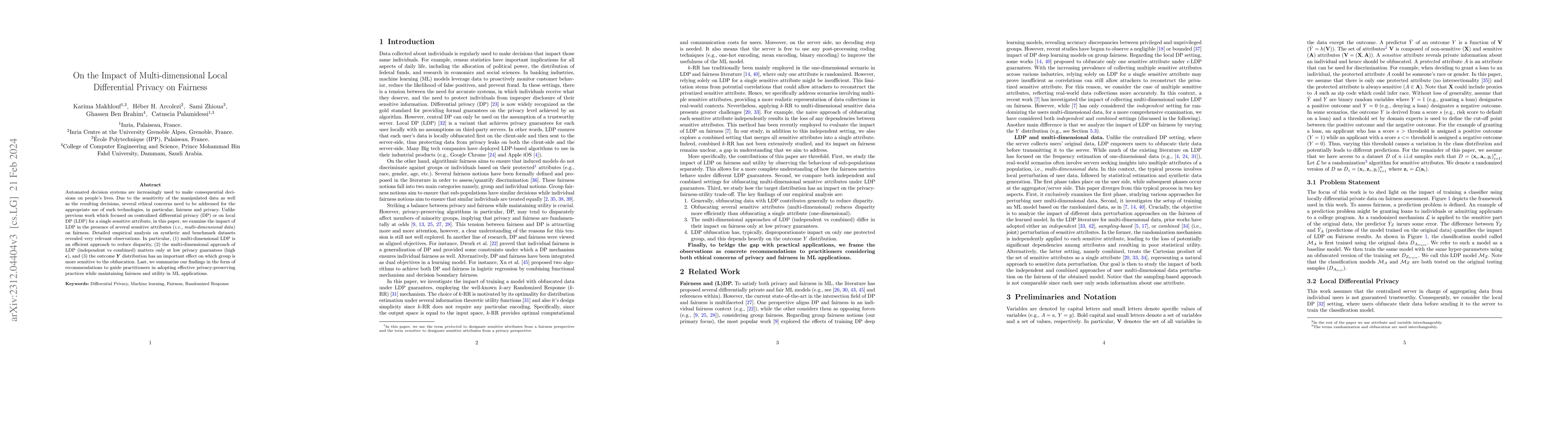 Thumbnail for On the Impact of Multi-dimensional Local Differential Privacy on
  Fairness