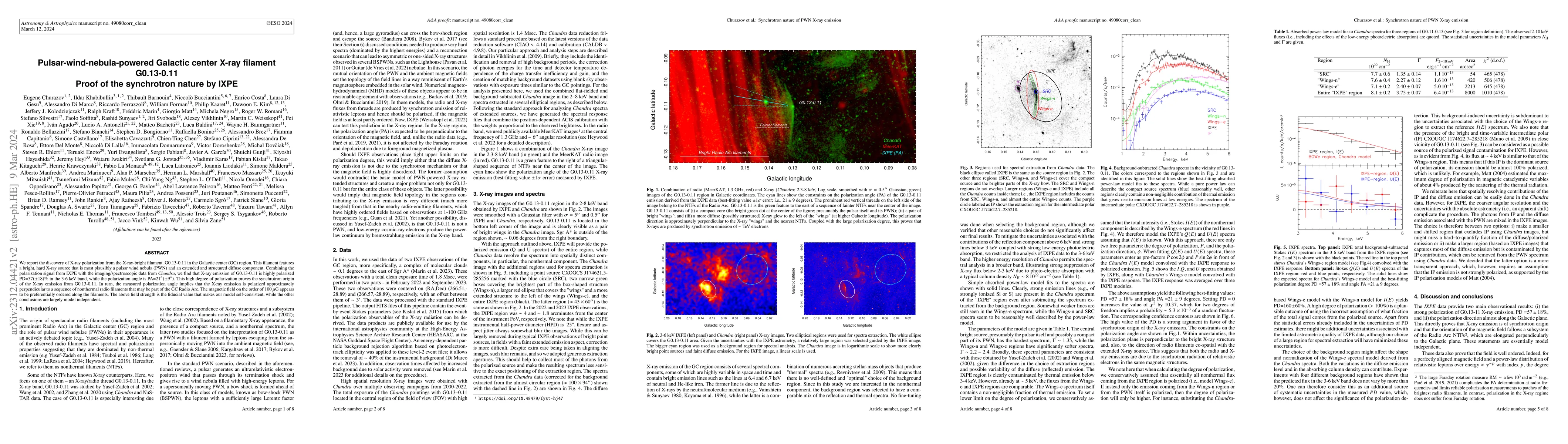 Thumbnail for Pulsar-wind-nebula-powered Galactic center X-ray filament G0.13-0.11:
  Proof of the synchrotron nature by IXPE