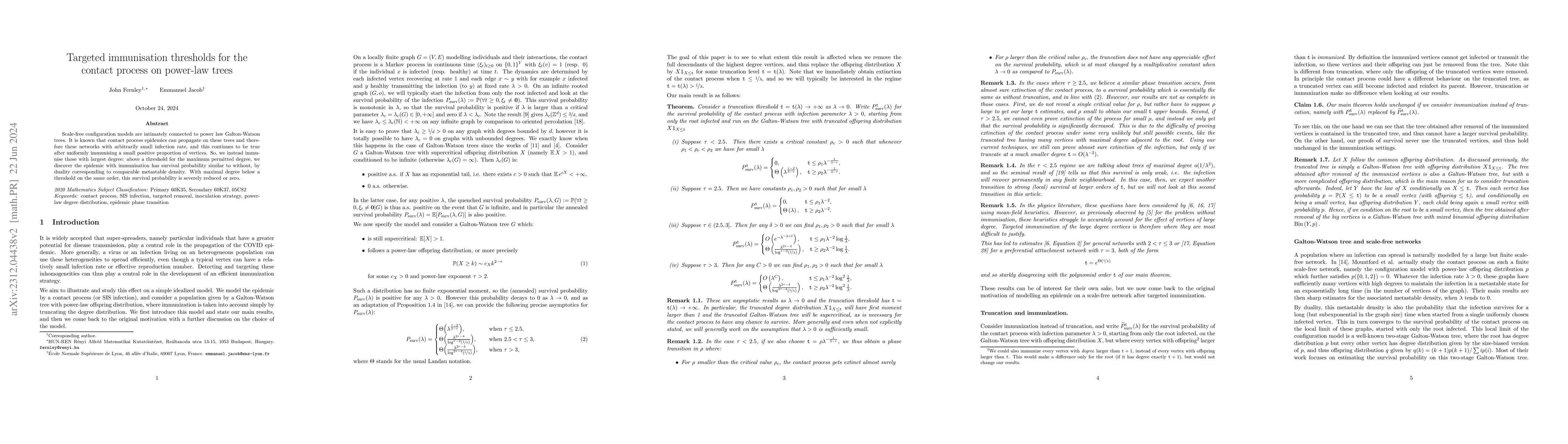 Thumbnail for Targeted Immunisation Thresholds for the Contact Process on Power-Law
  Trees