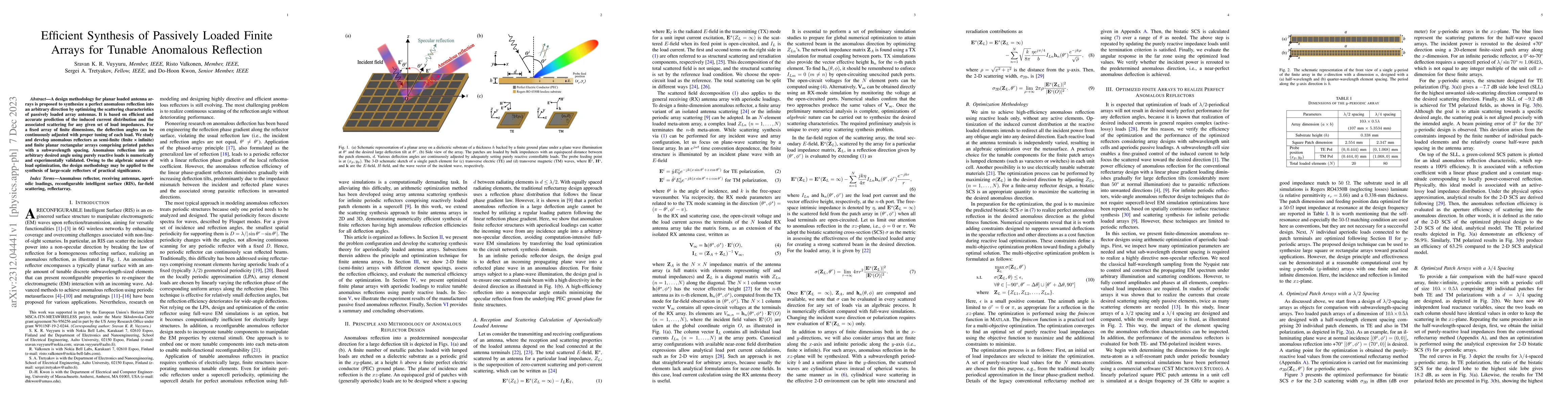 Thumbnail for Efficient Synthesis of Passively Loaded Finite Arrays for Tunable
  Anomalous Reflection