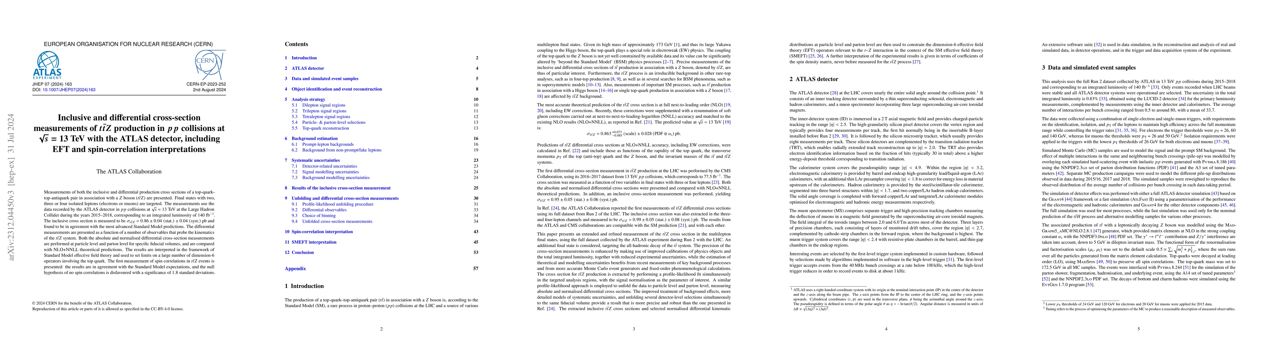 Thumbnail for Inclusive and differential cross-section measurements of $t\bar{t}Z$
  production in $pp$ collisions at $\sqrt{s}=13$ TeV with the ATLAS detector,
  including EFT and spin-correlation interpretations