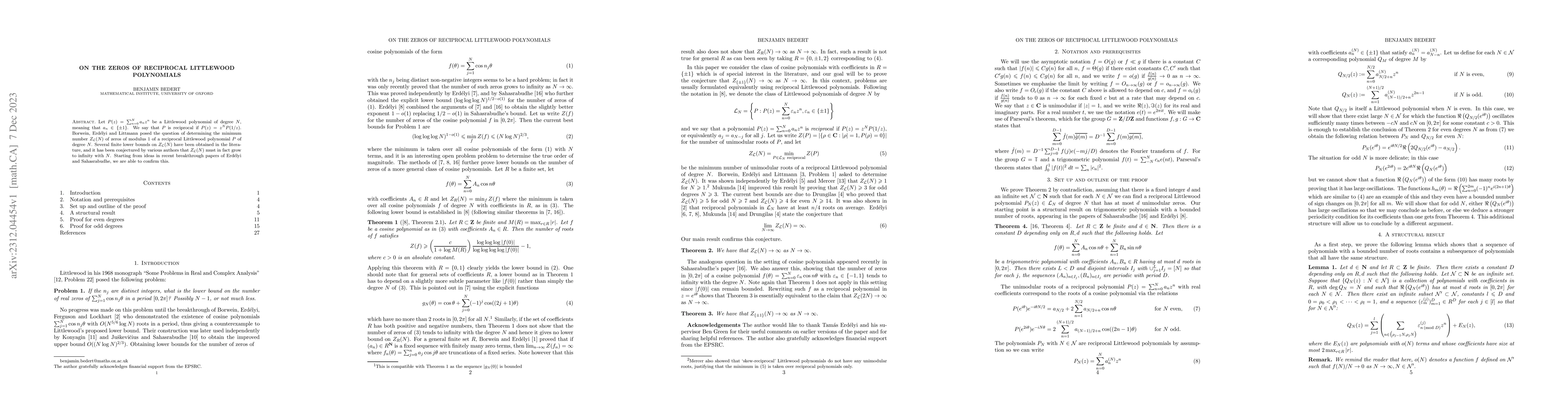 Thumbnail for On the zeros of reciprocal Littlewood polynomials