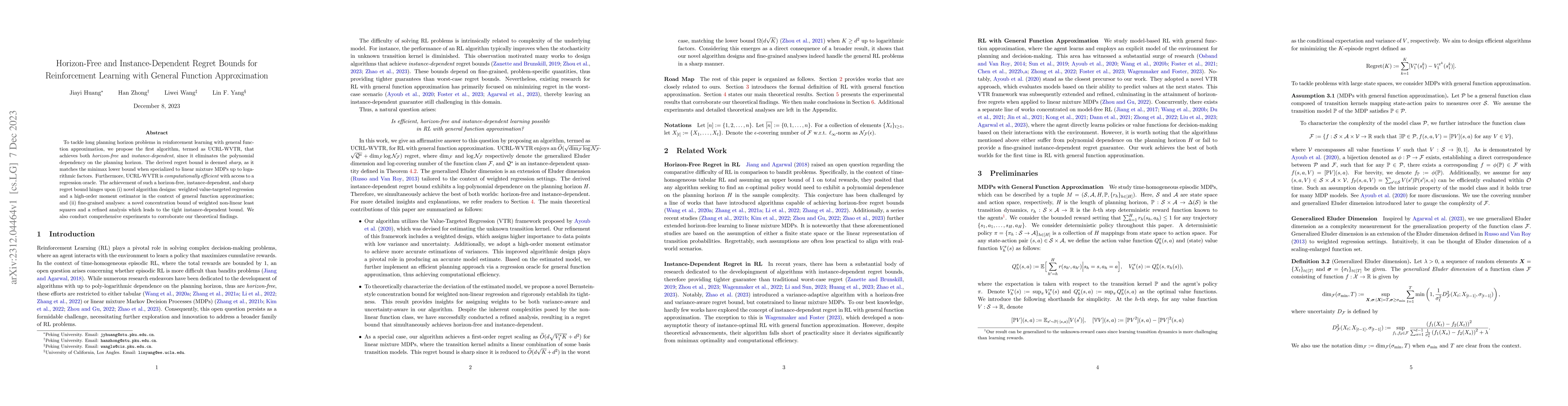 Thumbnail for Horizon-Free and Instance-Dependent Regret Bounds for Reinforcement
  Learning with General Function Approximation