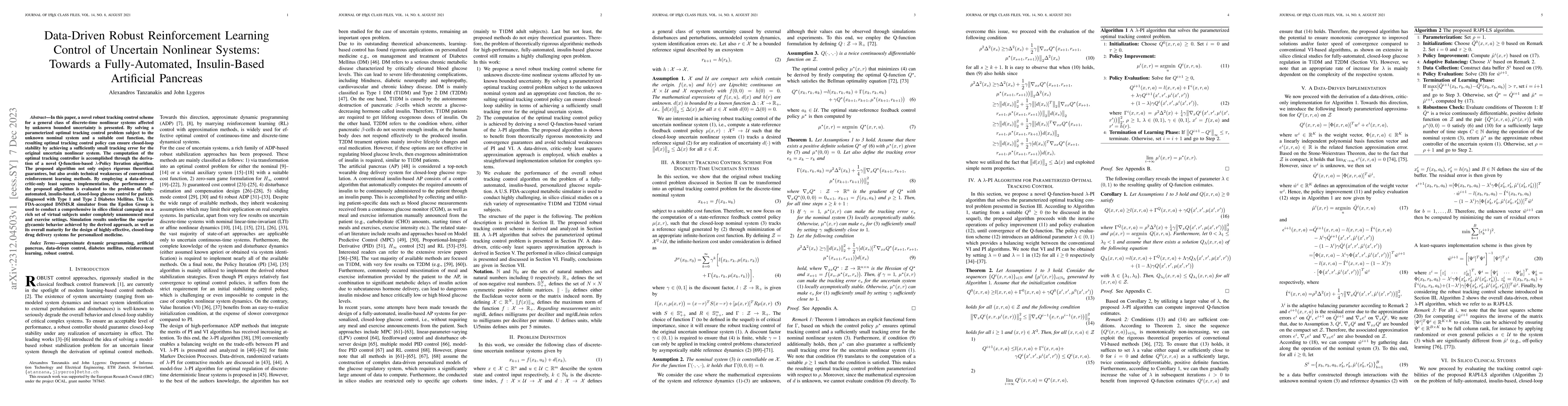 Thumbnail for Data-Driven Robust Reinforcement Learning Control of Uncertain Nonlinear
  Systems: Towards a Fully-Automated, Insulin-Based Artificial Pancreas