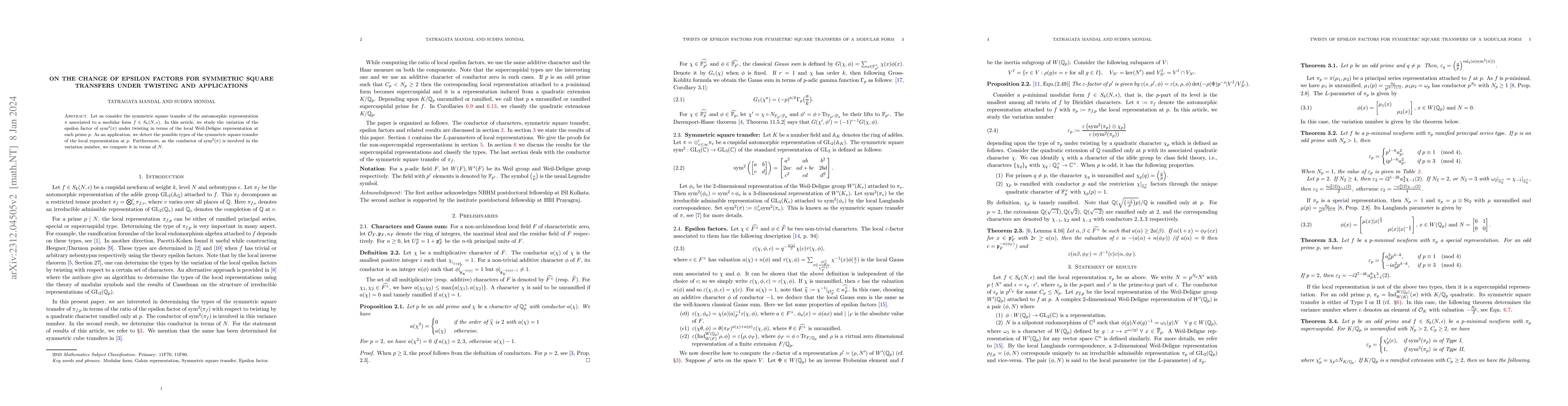 Thumbnail for On the change of epsilon factors for symmetric square transfers under
  twisting and applications