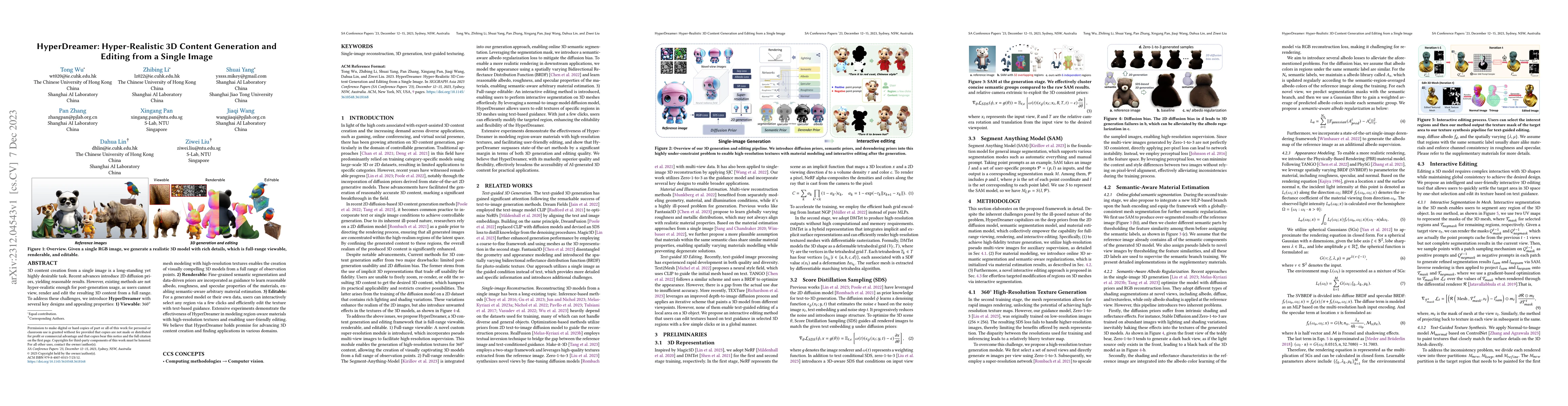 Thumbnail for HyperDreamer: Hyper-Realistic 3D Content Generation and Editing from a
  Single Image