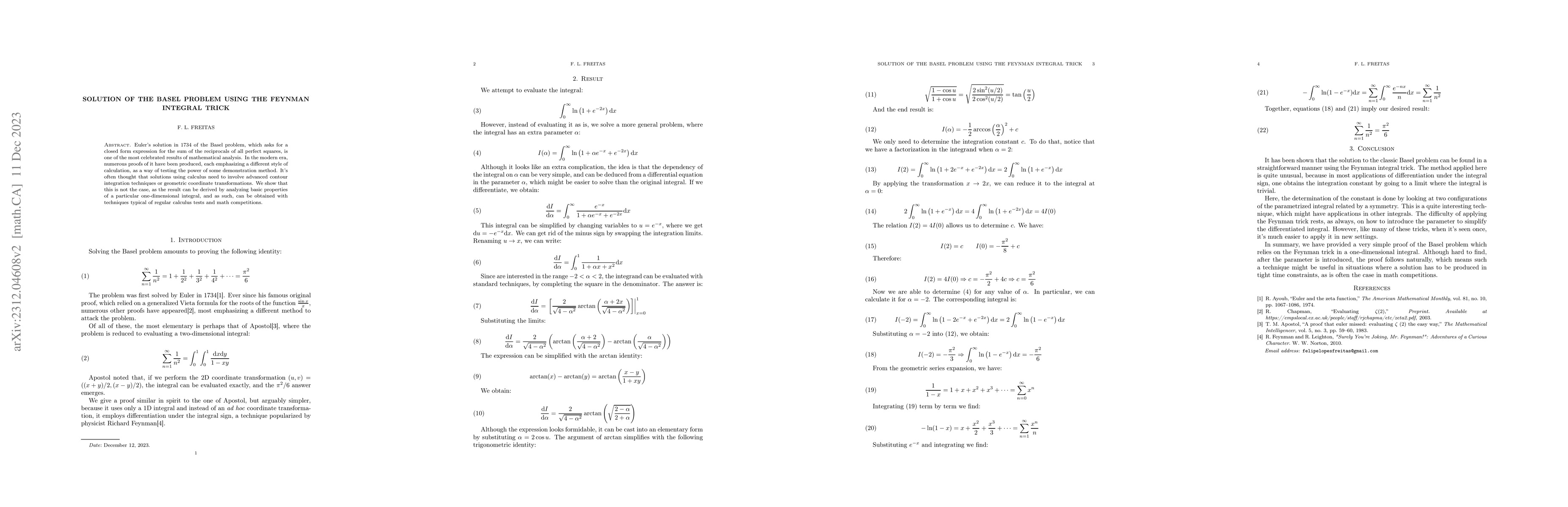 Thumbnail for Solution of the Basel problem using the Feynman integral trick