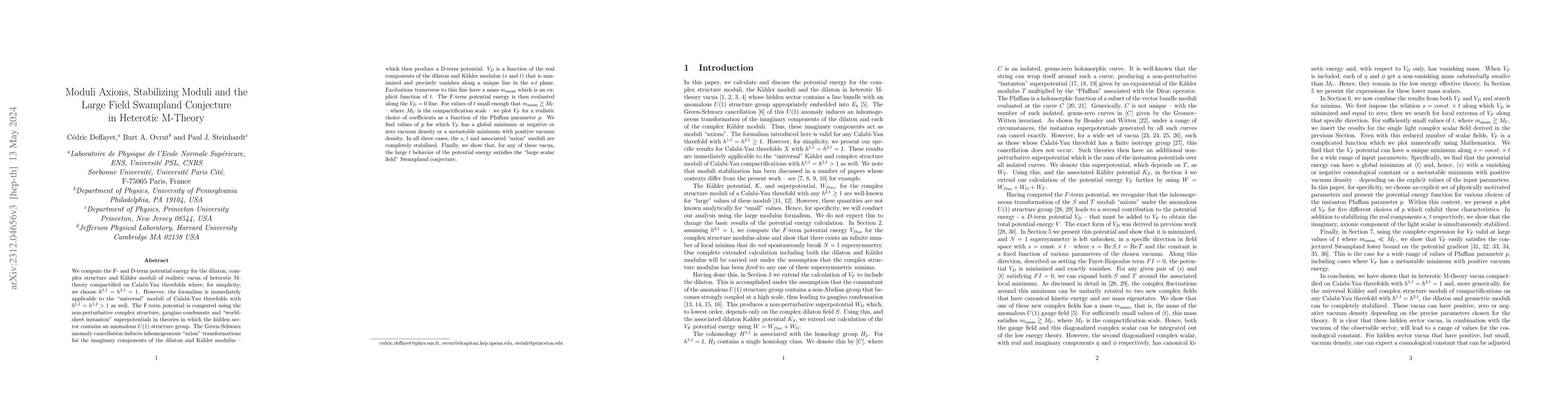 Thumbnail for Moduli Axions, Stabilizing Moduli and the Large Field Swampland
  Conjecture in Heterotic M-Theory