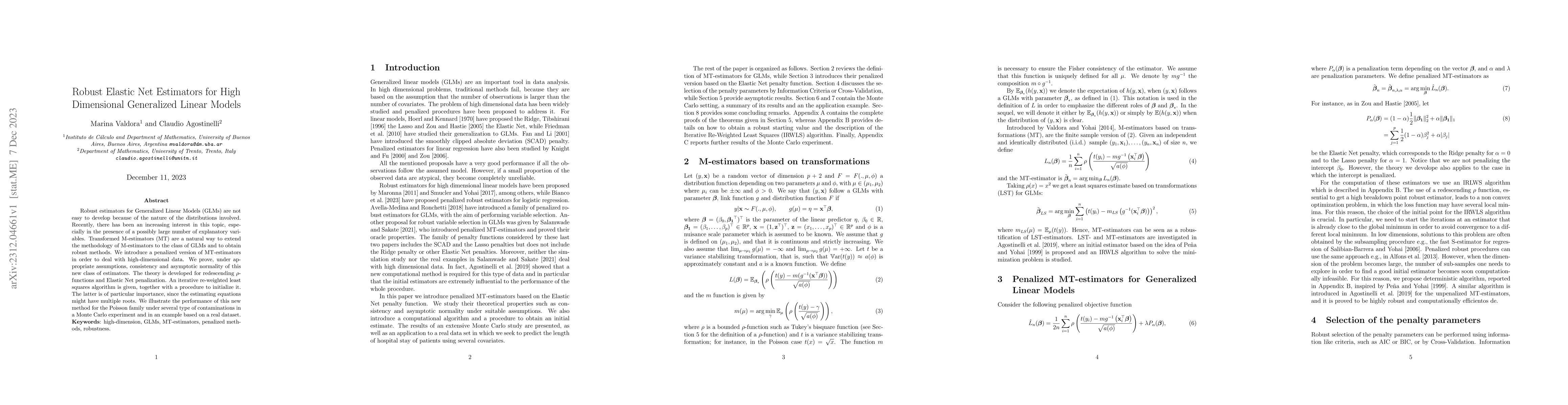 Thumbnail for Robust Elastic Net Estimators for High Dimensional Generalized Linear
  Models