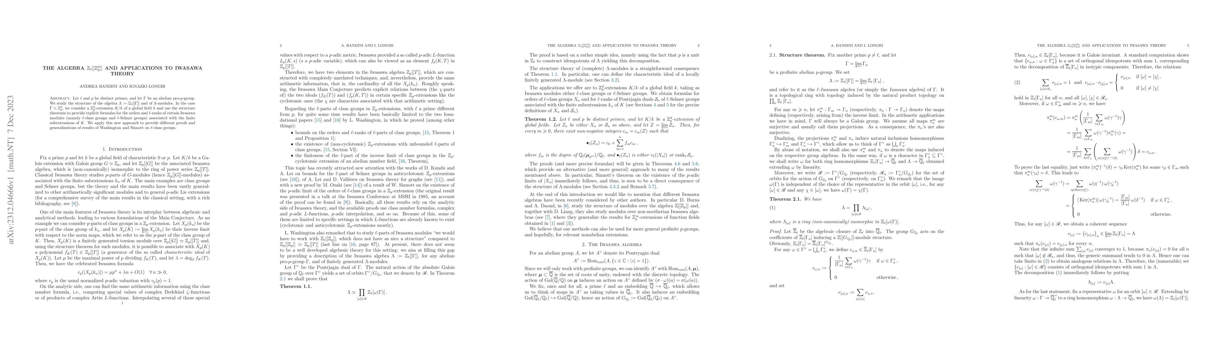 Thumbnail for The algebra $\mathbb{Z}_\ell[[\mathbb{Z}_p^d]]$ and applications to
  Iwasawa theory