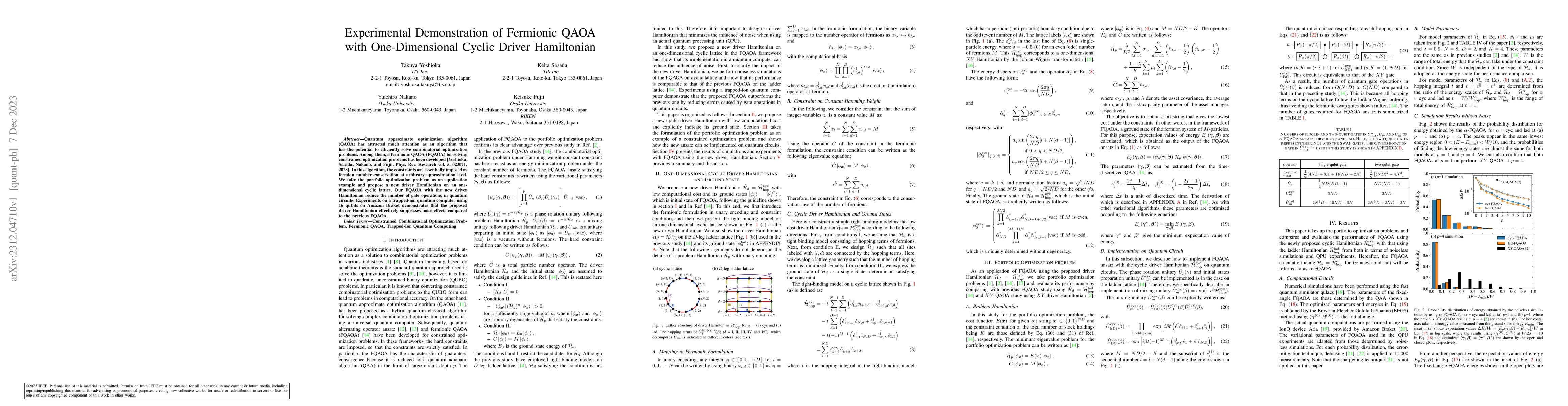 Thumbnail for Experimental Demonstration of Fermionic QAOA with One-Dimensional Cyclic
  Driver Hamiltonian